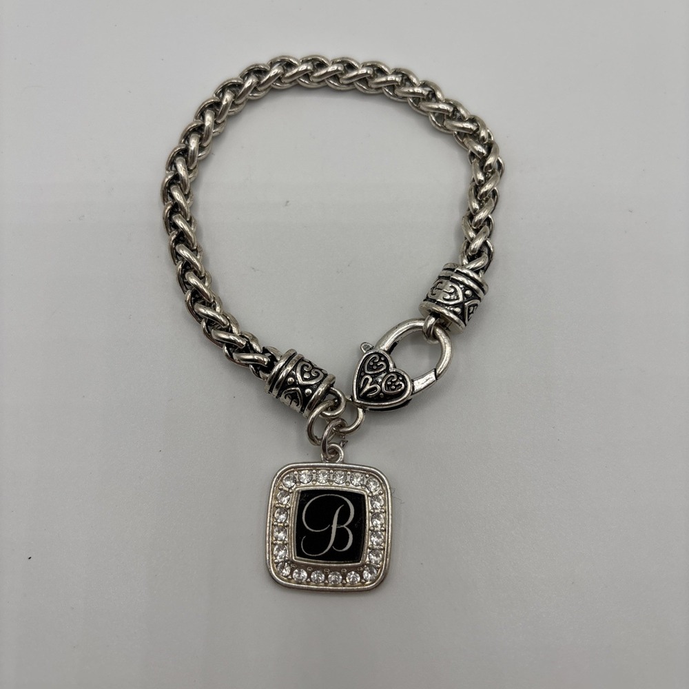 Silver Tone‎ Initial B Charm Rhinestone Bracelet Chain Link
